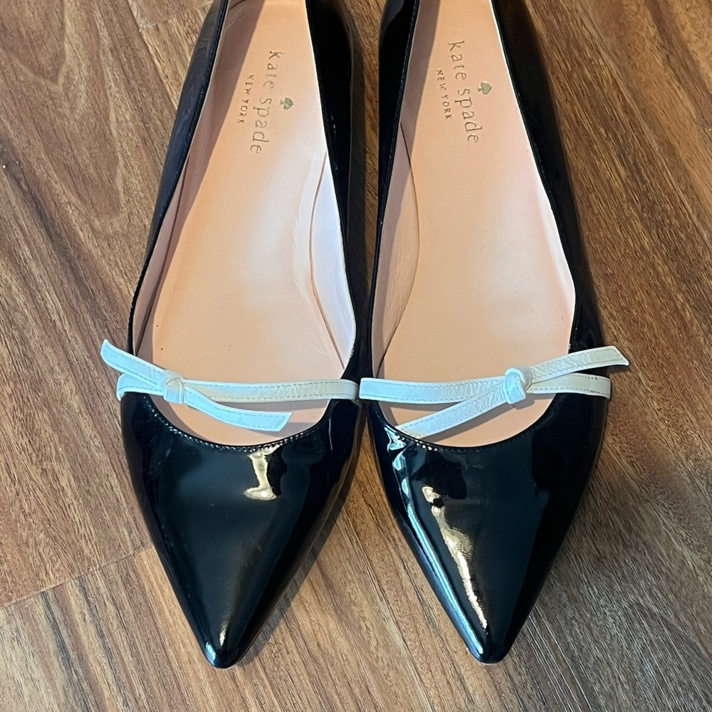 Kate Spade Black Patent Leather Flats with Cream Bow